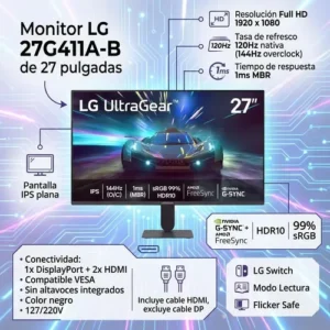 LG UltraGear Monitor Gamer 27" IPS 144Hz (O/C) 1ms (MBR) Full HD (1920x1080) HDR10 NVIDIA G-SYNC AMD FreeSync, Preto - 27G411A - Imagem 2