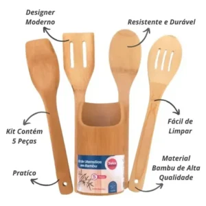 Kit De Utensílios Bambu 5 Peças Pau Colher Garfo Espátulas - Imagem 4
