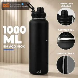 1000ml Garrafa Térmica Isolada A Vácuo Squeeze Aço Inox 304 para Água Gelada Esporte Academia com Alça e Bico Preto Sólar - Imagem 1