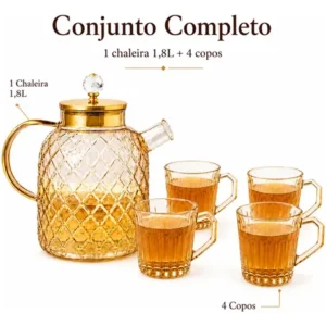 Conjunto De Chá Vidro Âmbar 5 Peças Bule 1,8l Com 4 Xícaras - Imagem 9