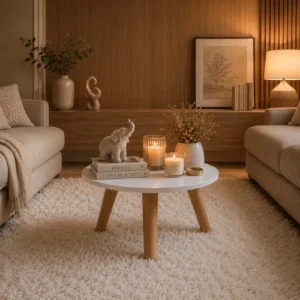 Mesa De Centro Redonda Compacta Branca Mdf Pés De Pinus - Imagem 2