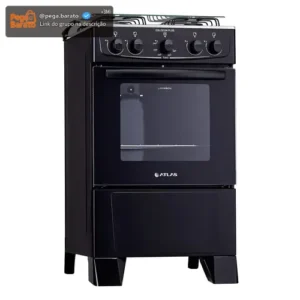 Fogão 4 Bocas Atlas Coliseum Plus Preto A Gás com Mesa de Inox e Forno de 50 Litros Acendimento Manual - Imagem 1