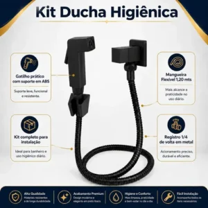 Ducha Higiênica Quadrada Luxo Metal Chuveirinho de Banheiro 1.20 mts Preto Completa ¼ Volta - Imagem 3