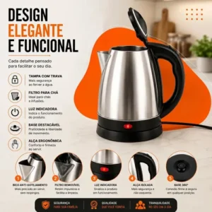 Chaleira Jarra Elétrica 1,8l Litros Em Inox Desligamento Automático Aquecimento Rápido Segura Café Chá Fácil Abertura Alça Viacruz - Imagem 5