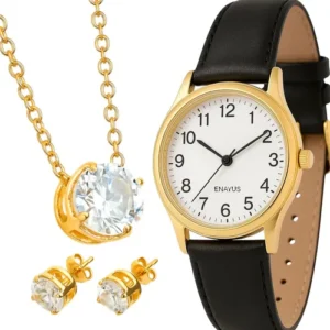 Relógio Feminino Em Couro Luxo Moda Colar E Brincos Original - Imagem 2