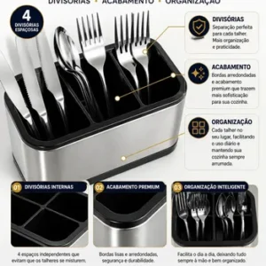 Porta-Talheres de Aço Inox com 4 Divisórias para Utensilios de Cozinha - Imagem 7