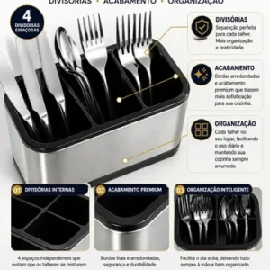 Porta-Talheres de Aço Inox com 4 Divisórias para Utensilios de Cozinha - Imagem 7