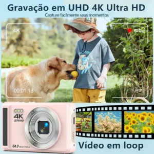 Câmera Digital Acrensly 4K 64MP Rosa maquina fotografica Para Vlog com Zoom 16x e Foco Automático, Tela IPS 2.8", Cartão 32GB e 2 Baterias - Imagem 4