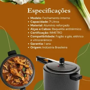 Panela de Pressão 7 litros Alumínio Preta Grande Segura Reforçada Cozimento Rápido Econômica Fechamento Interno - Imagem 8