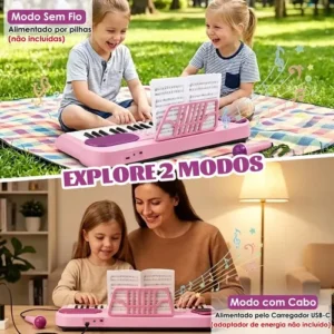 Teclado 37 Teclas BrincaMundo Com Microfone Karaokê Brinquedo Crianças Musical Educativo Piano Rosa - Imagem 9
