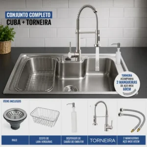 Kit Cuba Pia Torneira Gourmet Aço Inox 304 Escovada Bancada - Imagem 6