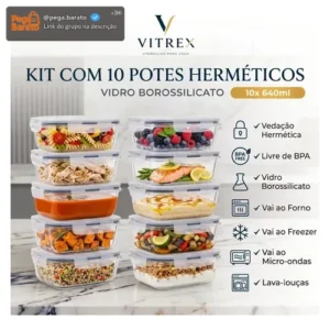 Kit 10 Pote De Vidro Marmita Hermético 640ml Freezer Fitness Vitrex - Imagem 1