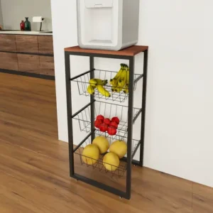 Fruteira de Chão com 3 Cestos e Base Amadeirada em Aço Preto - Imagem 2