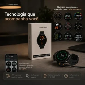 Smartwatch Inteligente Relógio Eletromind Bluetooth Chamadas Ip68 À Prova D'água Redondo Monitoramento Sono Saúde Esporte Preto - Imagem 9