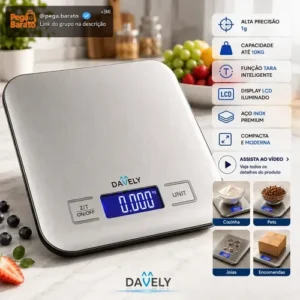 Balança Digital Cozinha eletrônica Touch 10kg Inox Display Led LCD culinária Fitness pesagem alimentos para dieta portátil alimentar Foods Comida Profissional Domestico Confeitaria Nutricional Davely. - Imagem 1