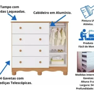 Cômoda Infantil Peroba Uli 4 Gavetas 1 Porta MDF Multicolorido - Imagem 8