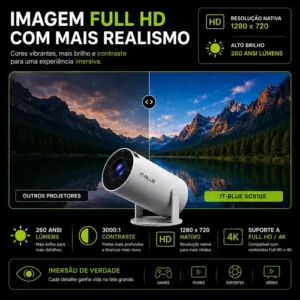 Projetor Portátil Cinema Smart Android 12 Premium WiFi 5G Bluetooth 2GB RAM 16GB Suporta Full HD e 4K Giro 180° Hypefull Série HY300 Homologado Anatel Bivolt - Imagem 8