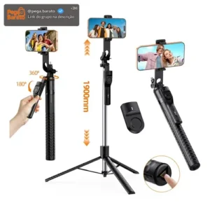 Tripé Extensível Profissional Para Celular 1,9m, Bastão De Selfie Dobrável Portátil Com Controle Remoto Bluetooth E Alça Equilíbrio , Rotação 360°, Parafuso 1/4 Compatível Câmeras, Gopro,ios E Android - Imagem 1