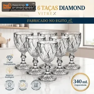 Jogo 6 Taças de Cristal 340ml Diamond Transparente Lapidado Vitrex - Imagem 1