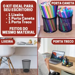 Kit Organizador De Escritório Preto Porta Treco Caneta Lixo - Imagem 4