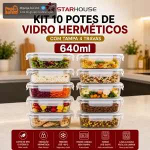 Kit 10 Potes Herméticos Vidro 640ml Starhouse Marmita Forno Micro-ondas Airfryer com 4 travas de super vedação - Imagem 1