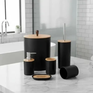 Kit Banheiro Acessórios Kit Banheiro Completo 6 Peças Tampa Fechada Copo Multiuso, Escova Sanitária, Cesto De Lixo, Porta Escova, Porta Sabonete Líquido, Saboneteira Dona Bego Cor Preto Sayonara - Imagem 9