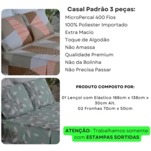 Jogo Lençol Casal 3 Peças Elástico Cama Box Percal 400 Fios - Imagem 9