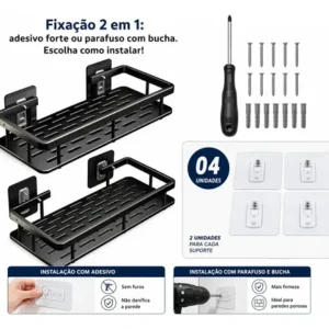 Kit 2 Suporte Porta Shampoo Sabonete Prateleira Banheiro Adesivo Parede Sem Furar Box Porta Sabonete Luxo Cor Preto Hytalux - Imagem 11