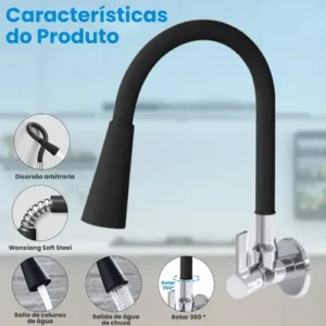 Torneira Cozinha Gourmet Parede - Preta/flexivel/duplo Jato - Imagem 2