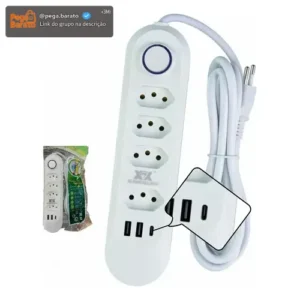Extensão 2 Metros 4 Tomadas 3 Usb/2usb 10a Régua Energia - Imagem 1