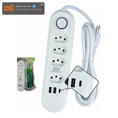 Extensão 2 Metros 4 Tomadas 3 Usb/2usb 10a Régua Energia