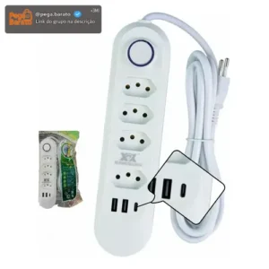 Extensão 2 Metros 4 Tomadas 3 Usb/2usb 10a Régua Energia - Imagem 1