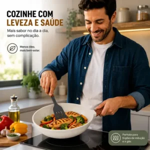 Frigideira Cerâmica Antiaderente 24cm Indução Cooktop Fogão a Gás Não Gruda Sem Óleo Cor Creme - Imagem 4