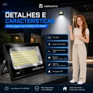 Kit 3 Refletores LED 200W VERUNTO Branco Frio IP67 Alumínio - Imagem 5