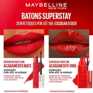Batom Líquido, Longa Duração, Acabamento Vinil Espelhado e Efeito Gloss, Brilho Instantâneo, Conforto para os Lábios, Fórmula Vegana, Cor Cheeky, SuperStay Vinyl Ink Maybelline NY 4,2ml - Imagem 8