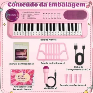 Teclado 37 Teclas BrincaMundo Com Microfone Karaokê Brinquedo Crianças Musical Educativo Piano Rosa - Imagem 5