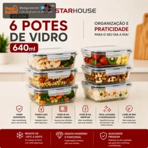 Kit 6 Potes 640ml Vidro Hermético 4 Travas Marmita Refratario Star House com 4 travas de super vedação - Imagem 1