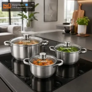 Jogo de Panelas Chef D Inox 3 Peças com Tampa de Vidro p/ Indução - Imagem 1