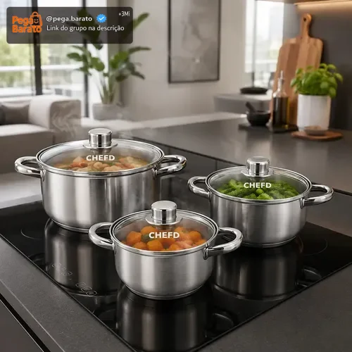 Jogo de Panelas Chef D Inox 3 Peças com Tampa de Vidro p/ Indução