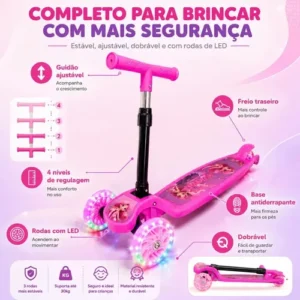 Patinete Infantil 3 Rodas Para Menina Dobrável Ajustável Rodinhas Gel com Led Atacarejo Kids Suporta 30kg - Imagem 4