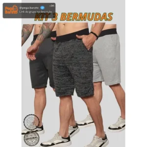 Kit 3 Bermudas Masculinas Moletom Academia Casual Lote Full - Imagem 1