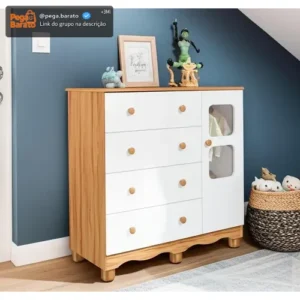 Cômoda Infantil Peroba Uli 4 Gavetas 1 Porta MDF Multicolorido - Imagem 1