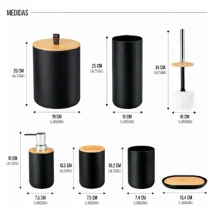 Kit Banheiro Acessórios Kit Banheiro Completo 6 Peças Tampa Fechada Copo Multiuso, Escova Sanitária, Cesto De Lixo, Porta Escova, Porta Sabonete Líquido, Saboneteira Dona Bego Cor Preto Sayonara - Imagem 3