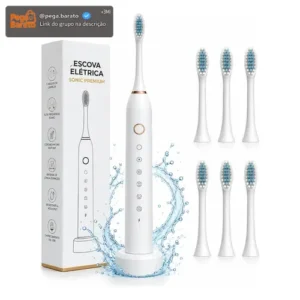 Escova Dental Elétrica Branca Sonic Recarregável 4 Refis Usb - Imagem 1