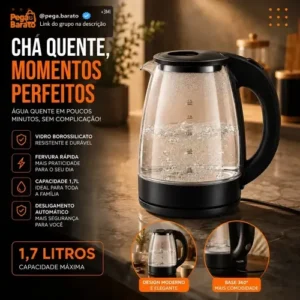 Chaleira Elétrica de Vidro Hold On 1.8 Litros, com Aquecimento Rápido e Desligamento Automático - Imagem 1