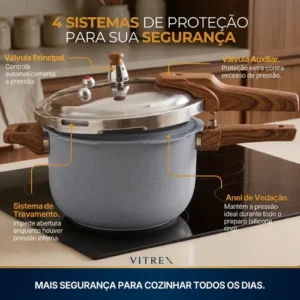 Panela De Pressão Indução 4,2L Revestimento Ceramico Antiaderente Com 4 Valvulas De Segurança Fechamento Externo, Cabos Soft Touch Vitrex Cinza Granito - Imagem 4