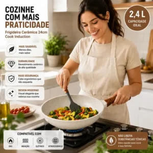 Frigideira Cerâmica Antiaderente 24cm Indução Cooktop Fogão a Gás Não Gruda Sem Óleo Cor Creme - Imagem 3