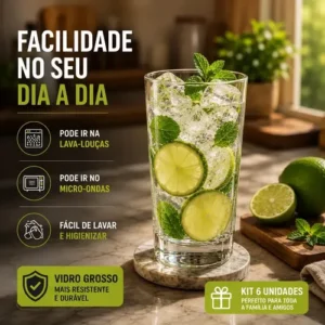 Jogo de 6 Copos Alto 320ml Miami Vidro Grosso Moderno Luxo Transparente Quadrado ViaCruz - Imagem 7