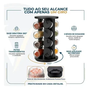 Kit Porta Condimentos Vitrex 8 Potes Em Vidro Preto Com Base Giratória - Imagem 4
