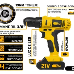 Parafusadeira Furadeira De Impacto 21v Pb6500k Oz Com Kit Brocas E Buchas 300 Peças The Black Tools - Imagem 2
